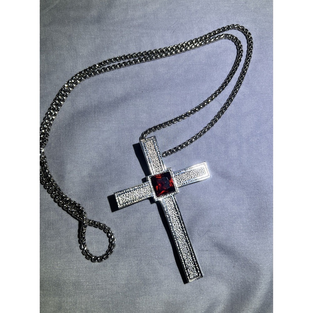 Large 4"  Silver Tone Cross Pendant With Faux Rudy Stone Rope Chain Necklace